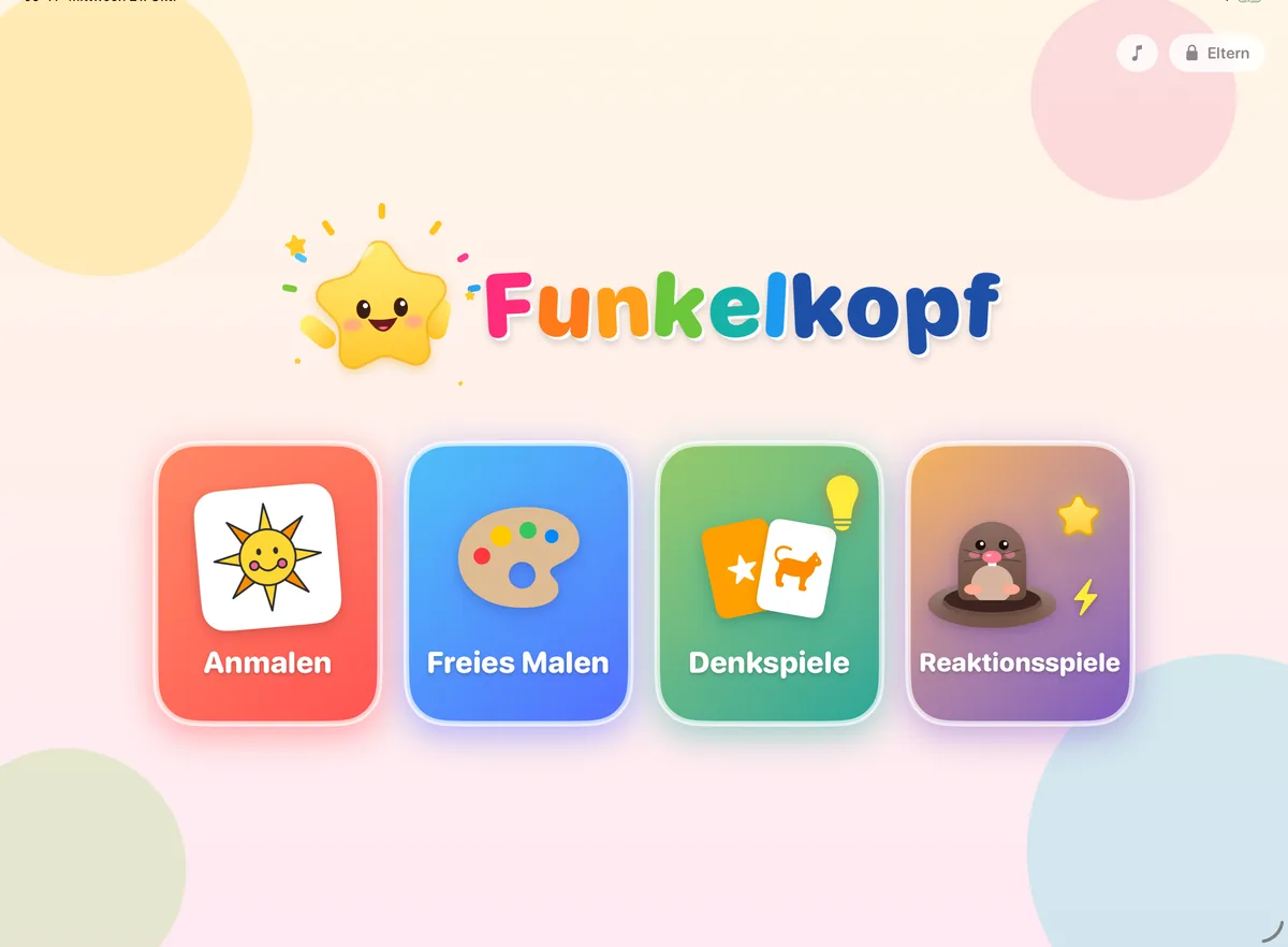 Der Startbildschirm von Funkelkopf mit den Bereichen Anmalen, Freies Malen, Denkspiele und Reaktionsspiele