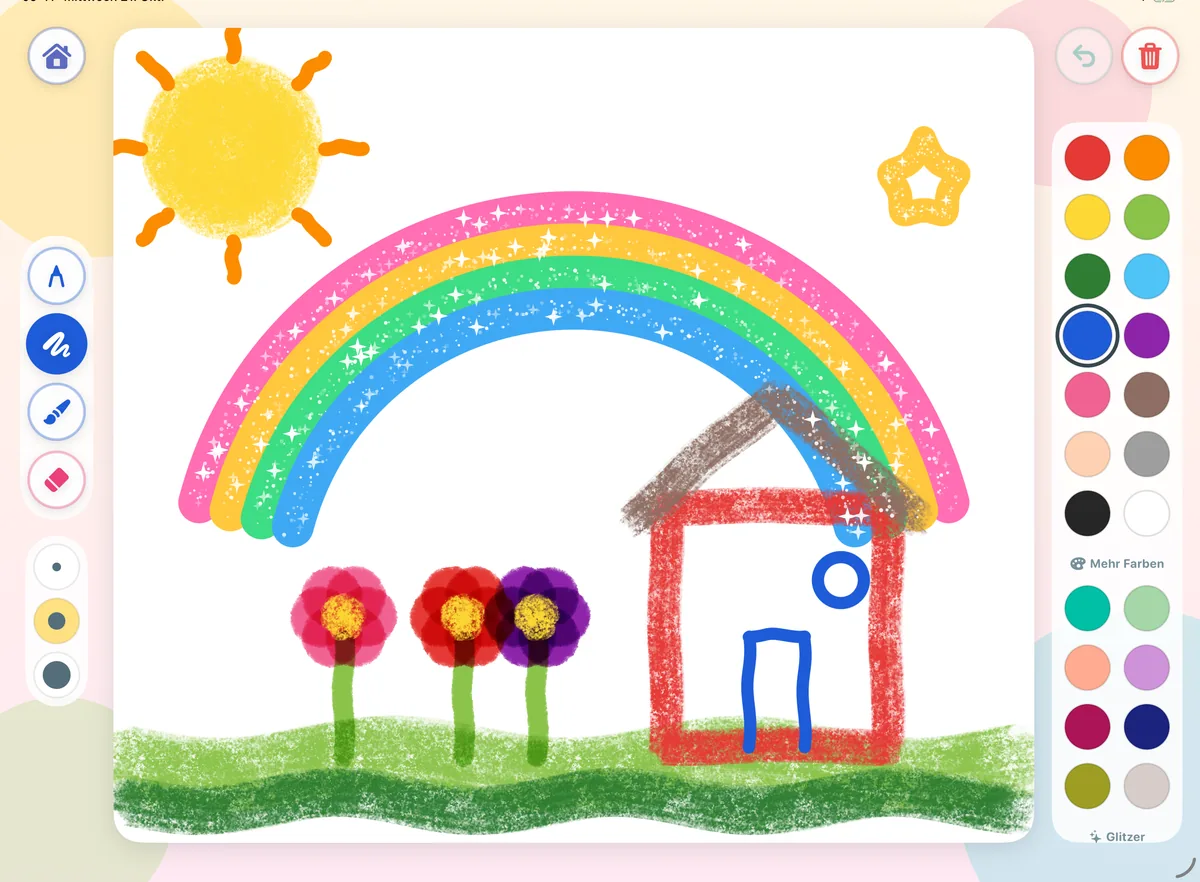 Ein frei gemaltes Bild mit Sonne, Haus, Blumen und einem glitzernden Regenbogen